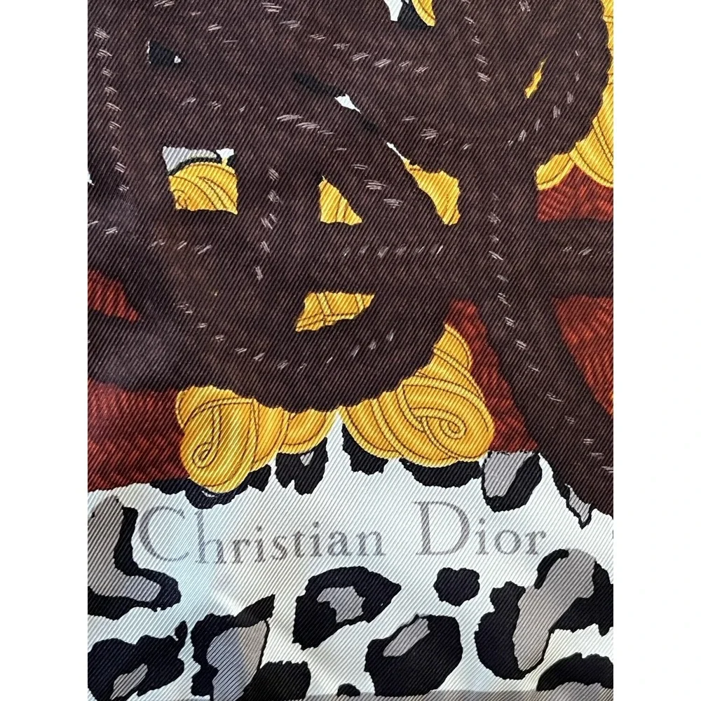 CHRISTIAN DIOR Leopard Silk Twill Scarf Spell Out Rope Knot Cord Gray Brown Gold